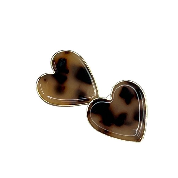 Sugarfix Animal Leopard Print Heart Earrings Brown Tan Gold Tone 1" - Picture 1 of 7